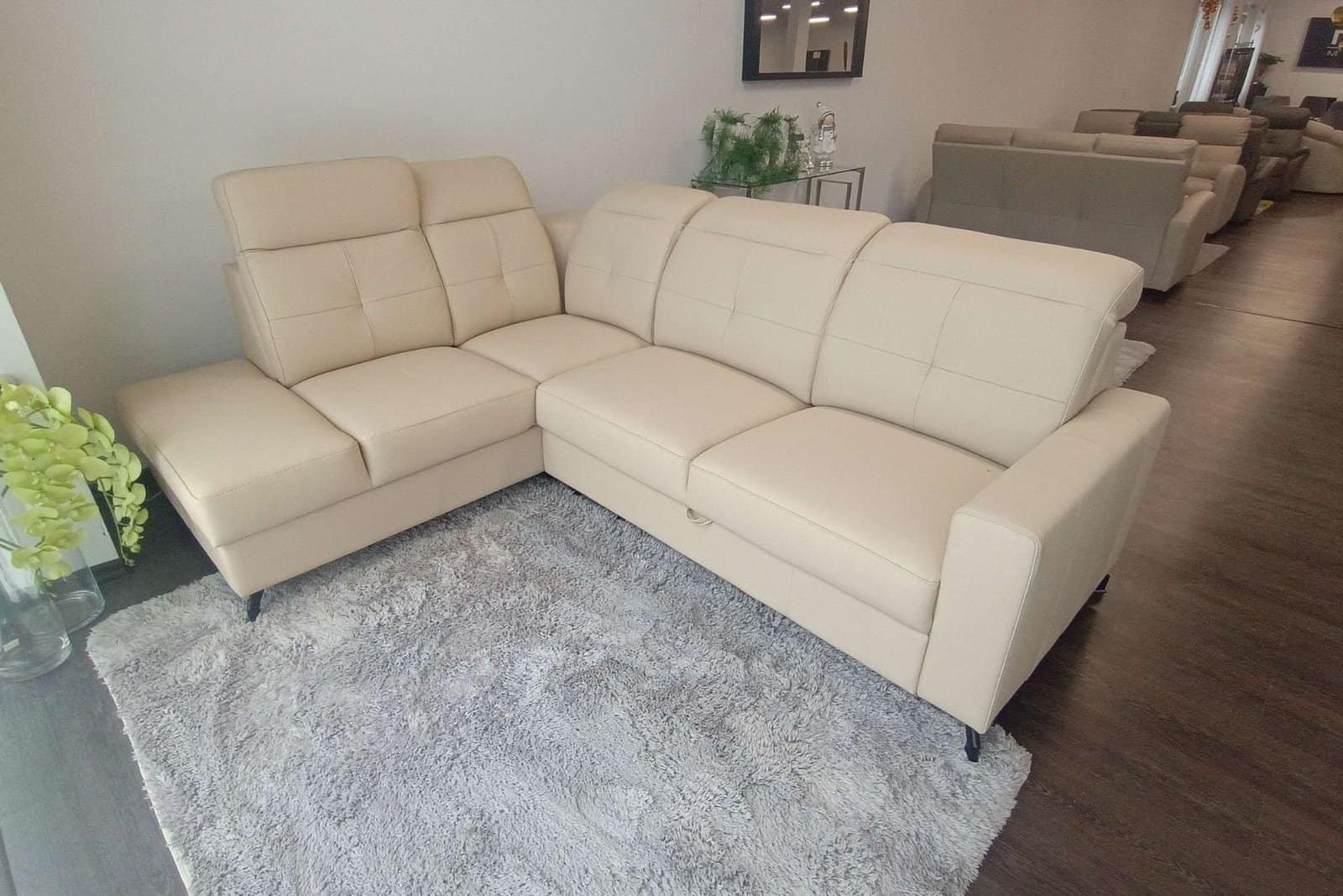 Narożnik Sułtan skóra naturalna kolor ecru spanie + pojemnik