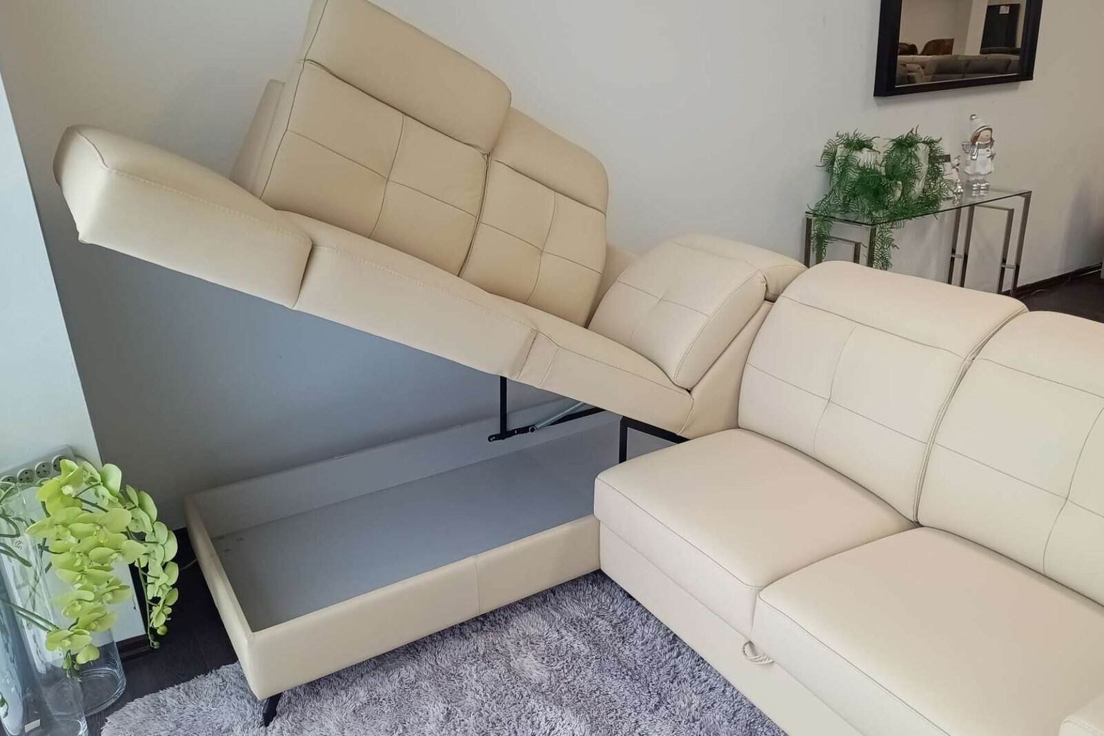 Narożnik Sułtan skóra naturalna kolor ecru spanie + pojemnik