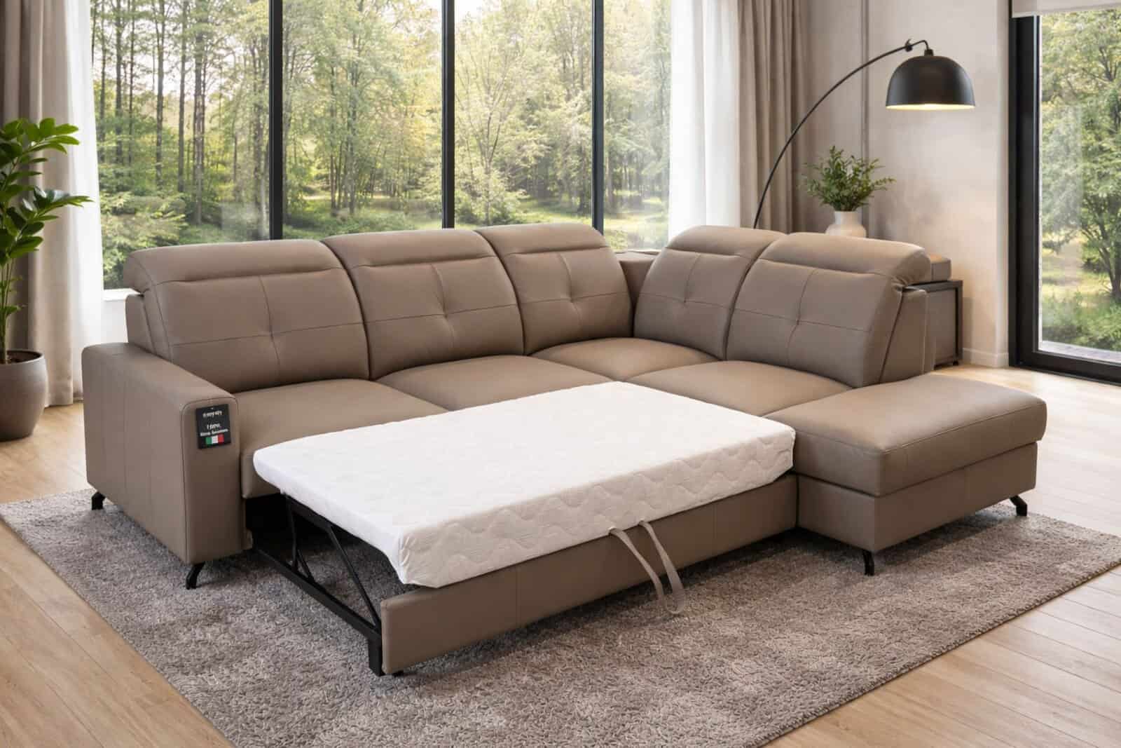 Narożnik Sułtan 100% skóra naturalna, regulowane zagłówki, spanie i pojemnik