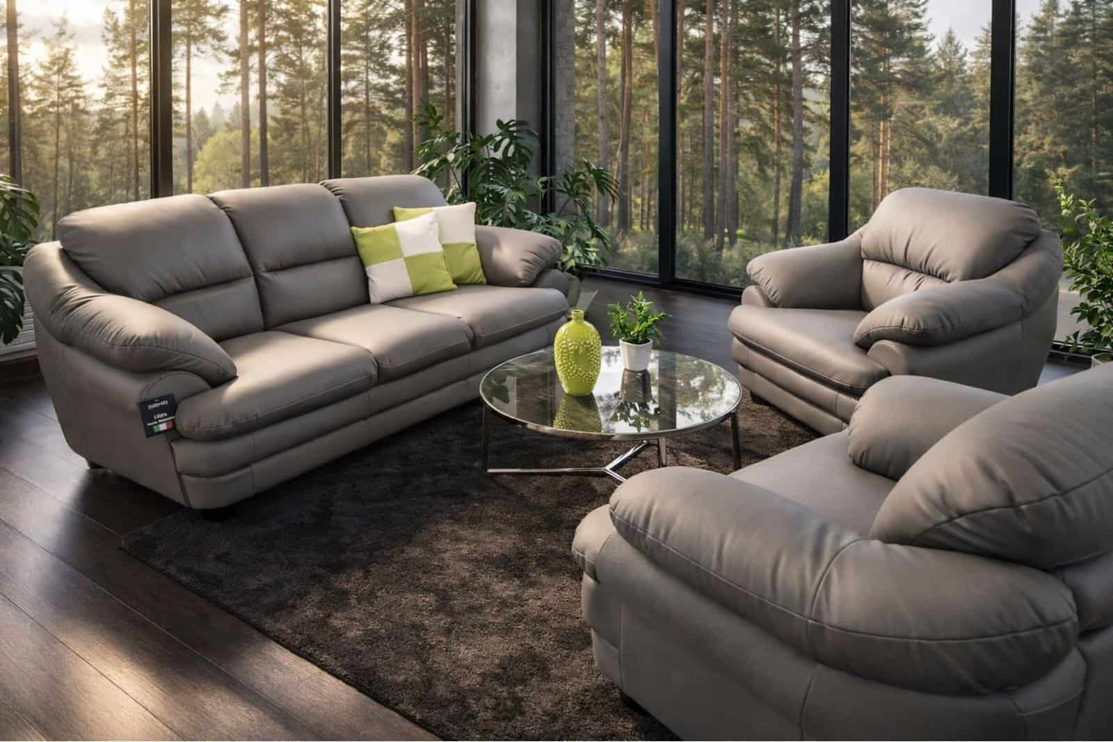 komplet w skórze naturalnej PUCHACZ kolor szary