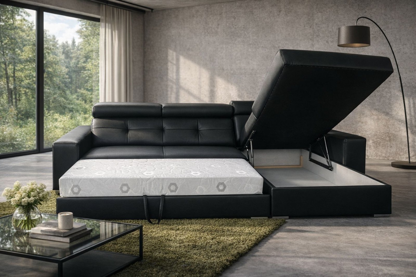 Narożnik Bianko skóra lub tkanina kolor do wyboru funkcja spania oraz pojemnik