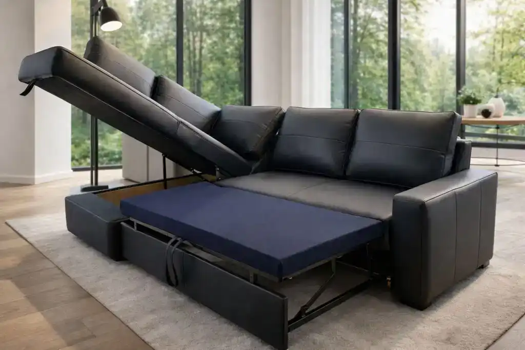 Narożnik Modern 100% skóra naturalna, funkcja spanie i pojemnik, poduchy na rzep