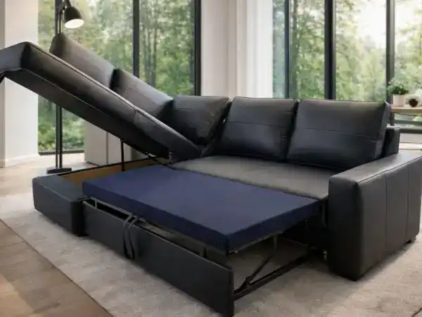 modern Narożnik Modern 100% skóra naturalna, spanie i pojemnik, poduchy na rzep