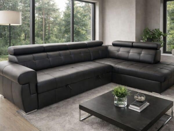 Narożnik Atlanta skóra czarny spanie + pojemnik