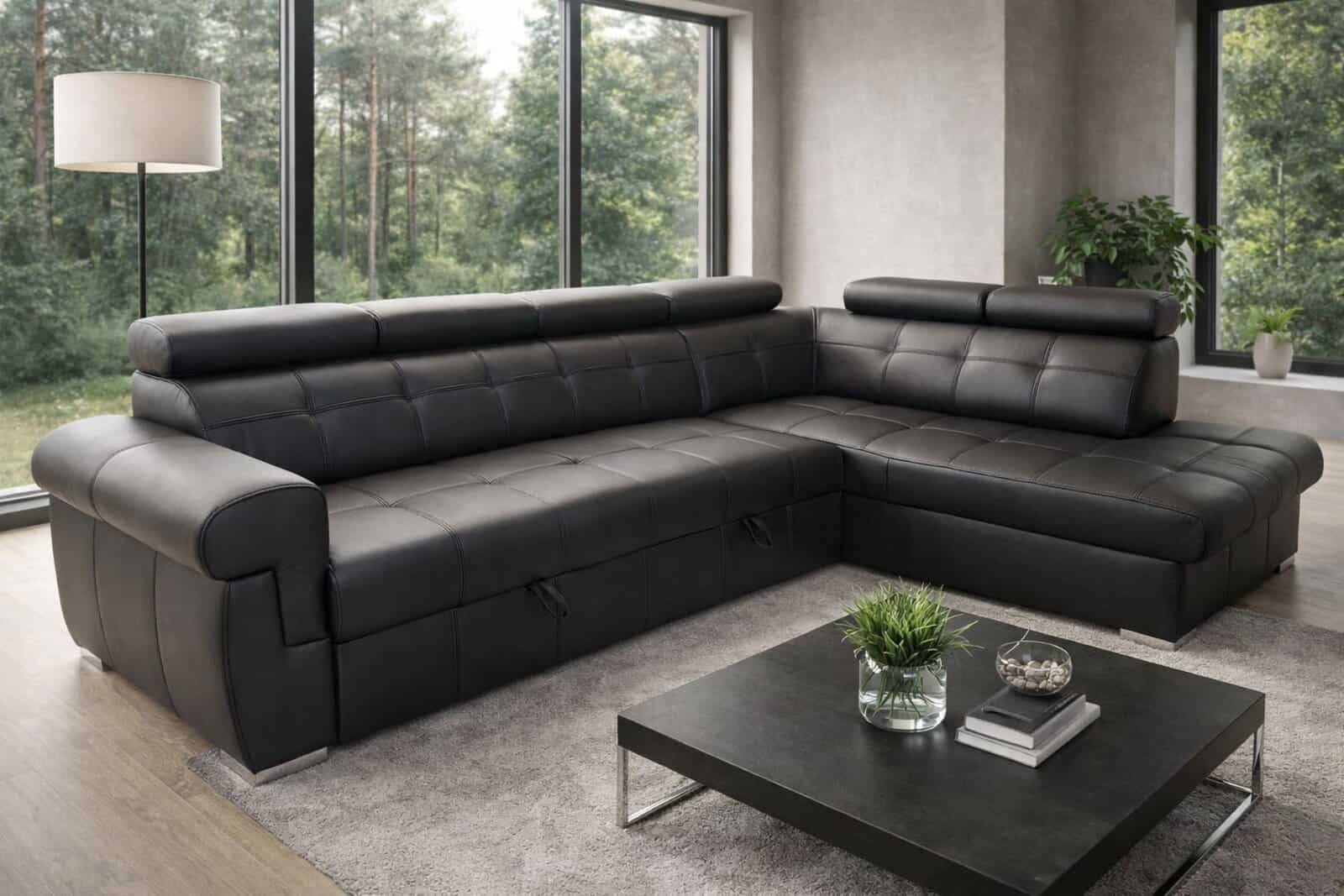 Narożnik Atlanta skóra czarny spanie + pojemnik