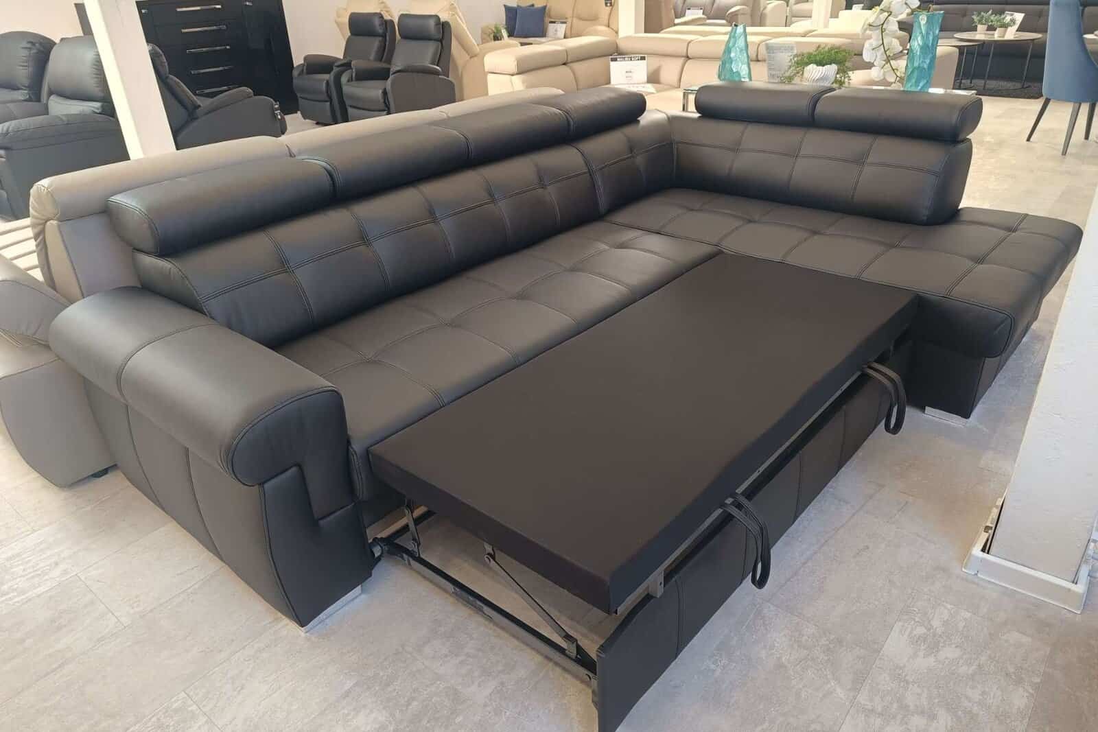 Narożnik Atlanta skóra czarny spanie + pojemnik